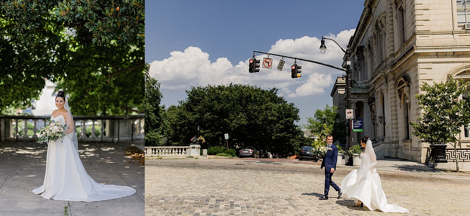 couple walks across the street in front of Mt. Washington Mill Dye House 