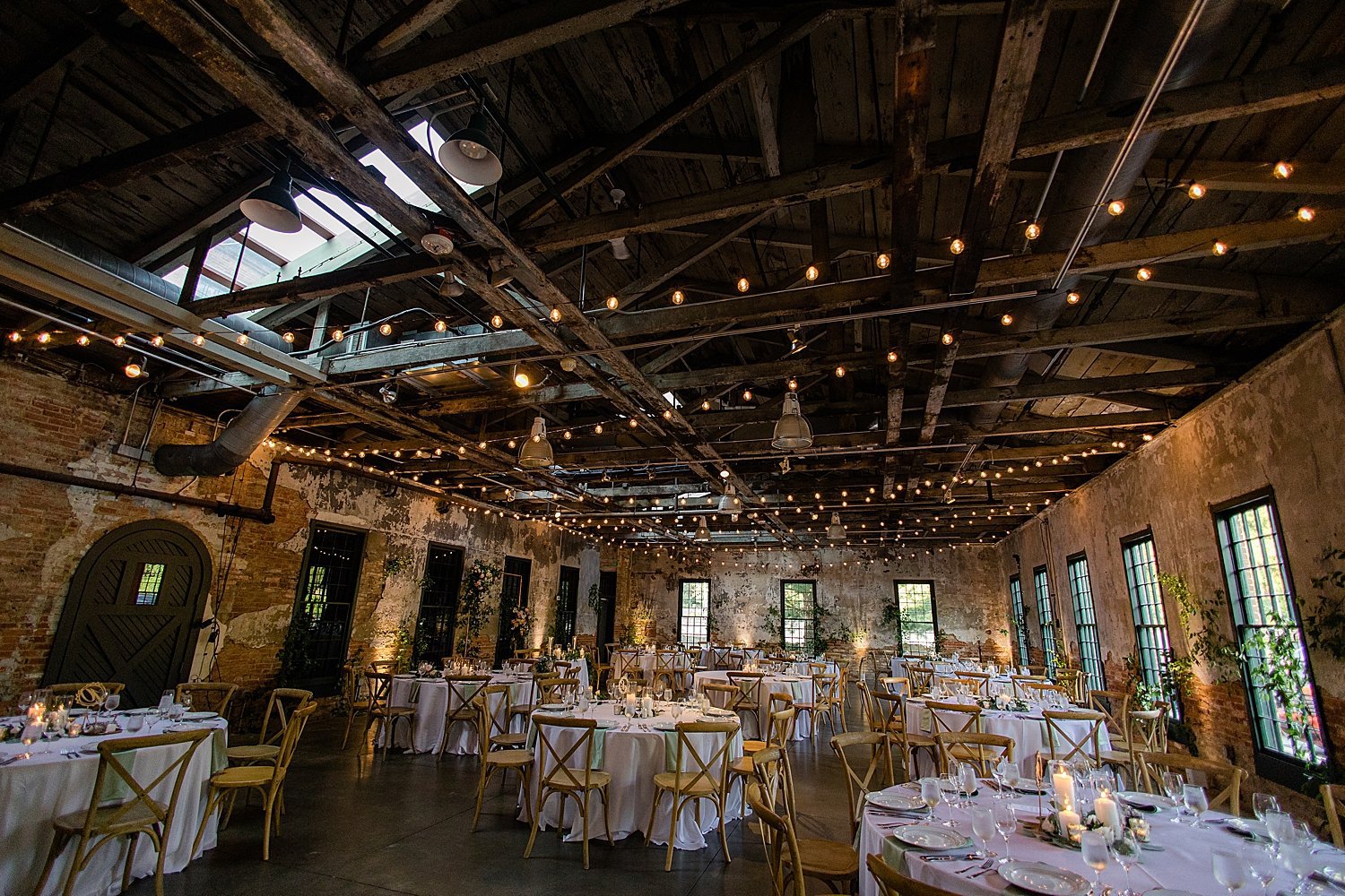 large reception space set up in warehouse at Mt. Washington Mill Dye House