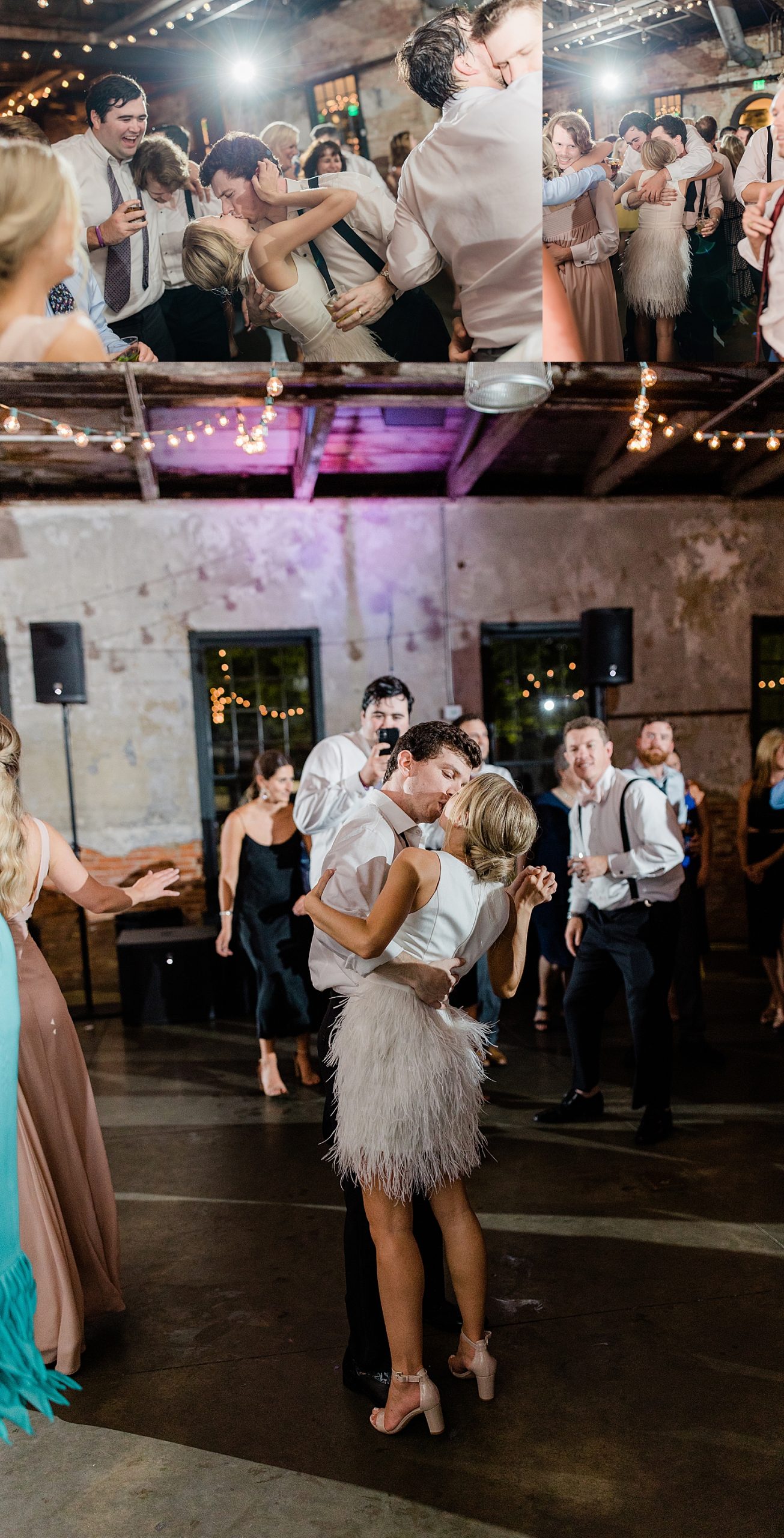 bride and groom kiss on dance floor during reception at Mt. Washington Mill Dye House