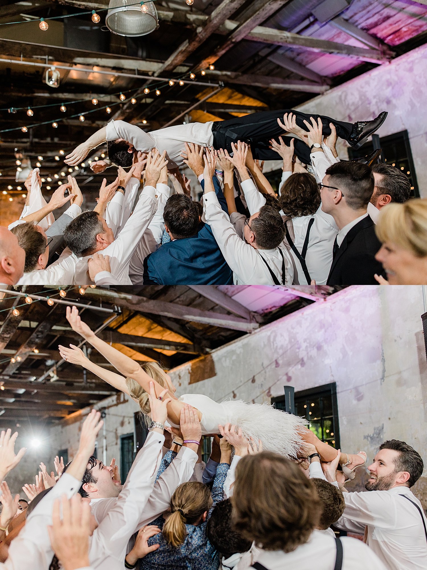 guests lift newlyweds up in air over dance floor by Baltimore wedding photographer 