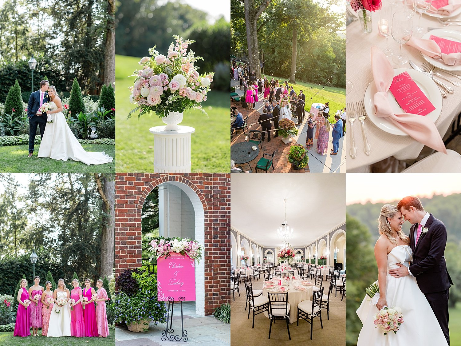 hot pink bridal party stands outside by Baltimore wedding photographer