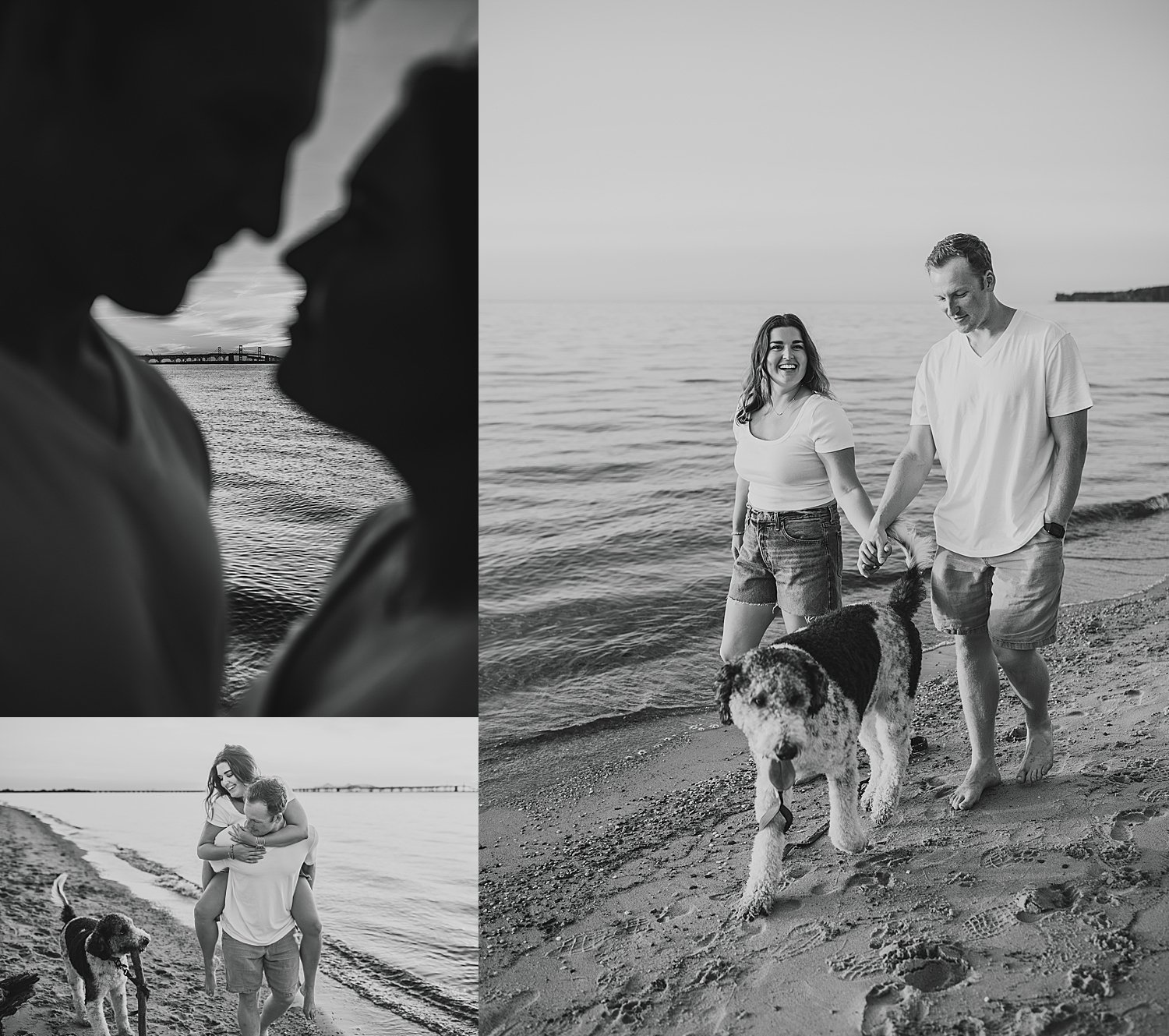 couple walks on the beach with their dog by Baltimore wedding photographer