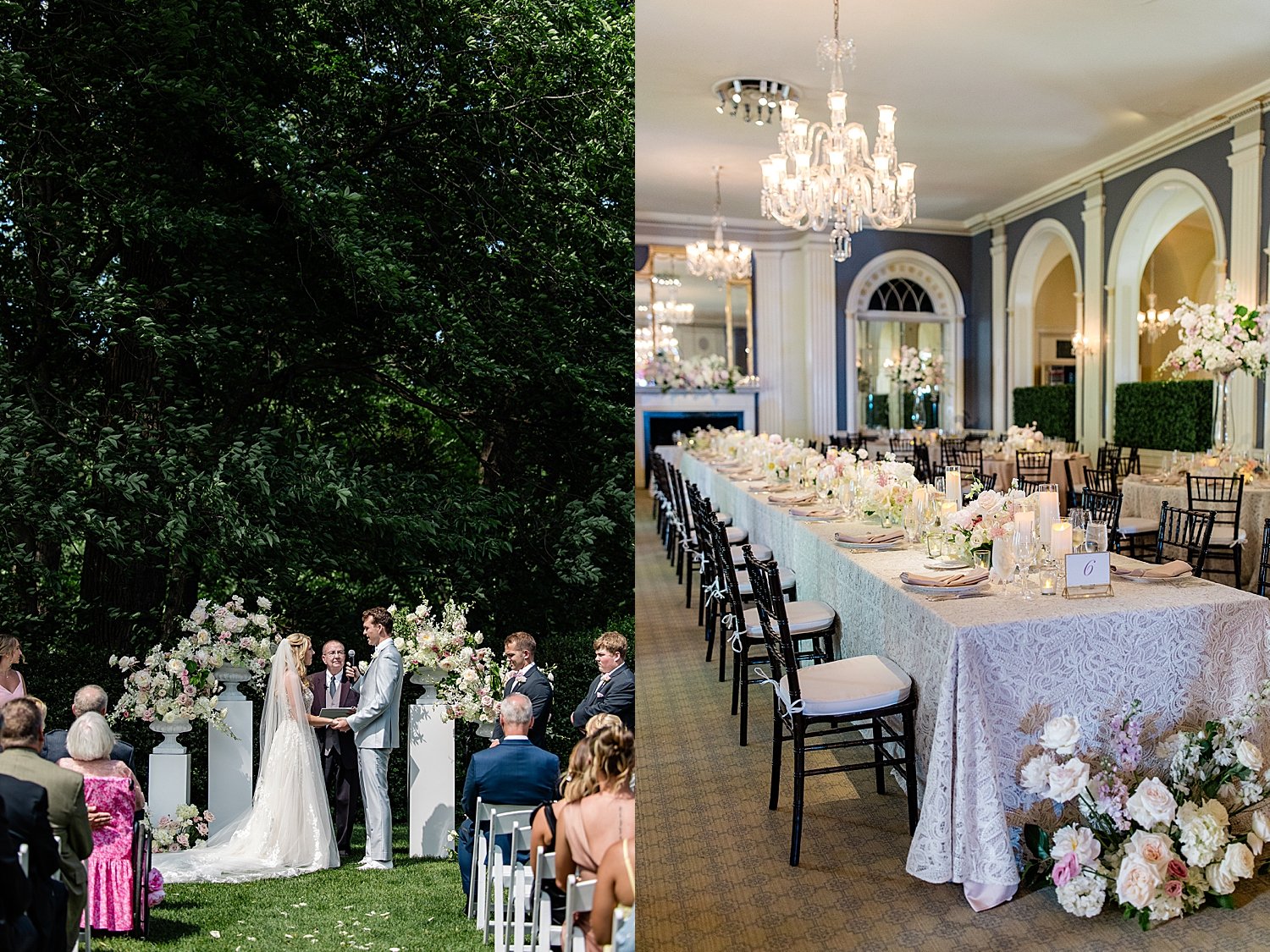 long table ornately decorated for reception by Maryland wedding photographer