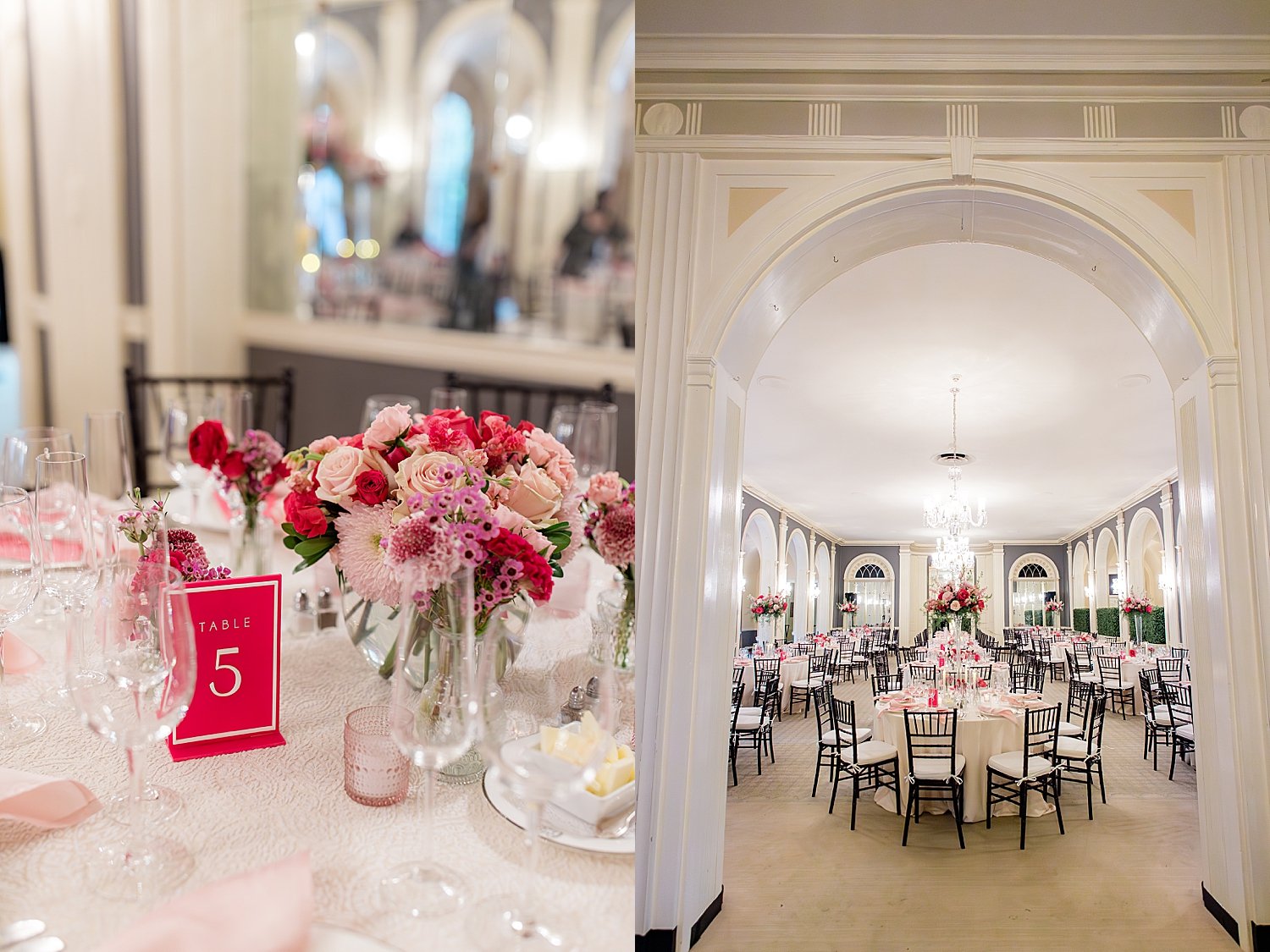 vibrant pink details at reception at Baltimore Country Club