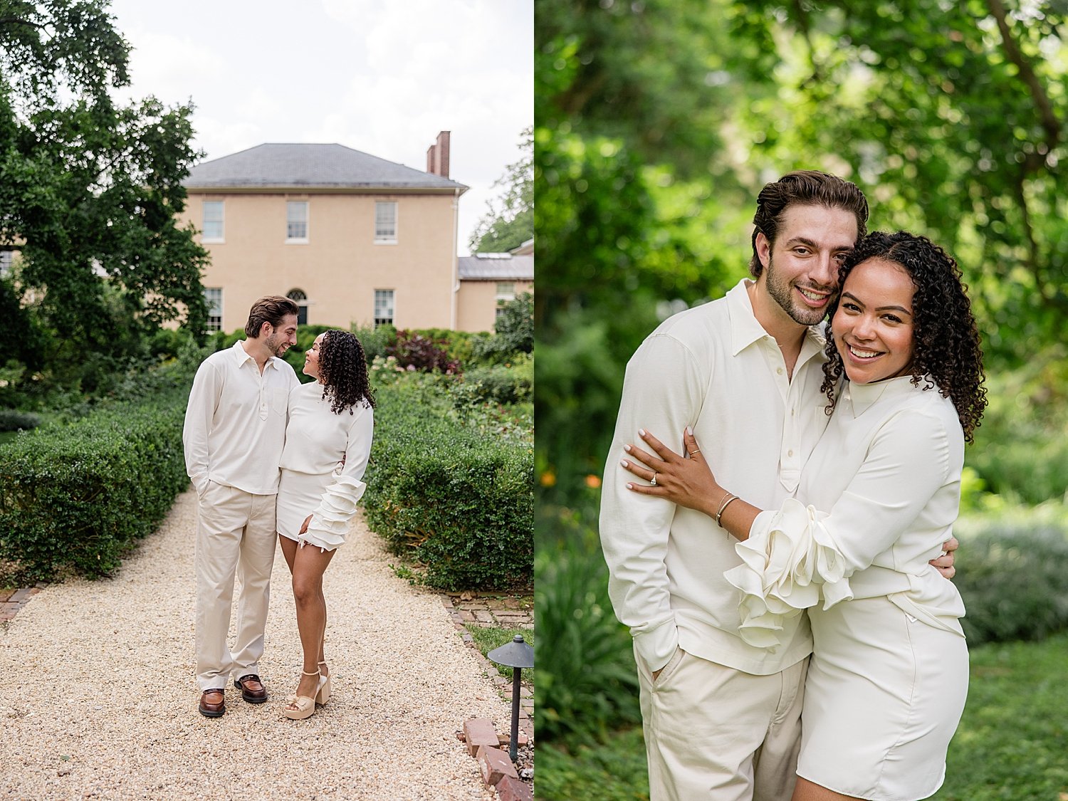 newly engaged couple grins under tree for proposal photos