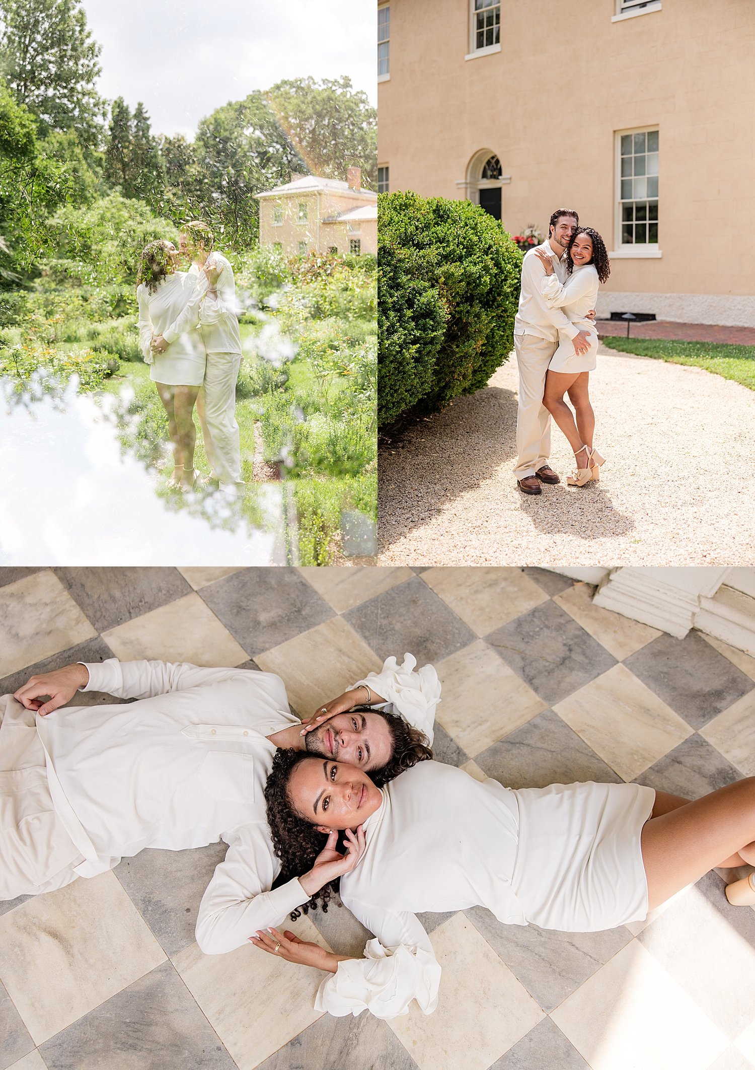 couple dressed in white lies on checkered floor by Jen Harvey Photography