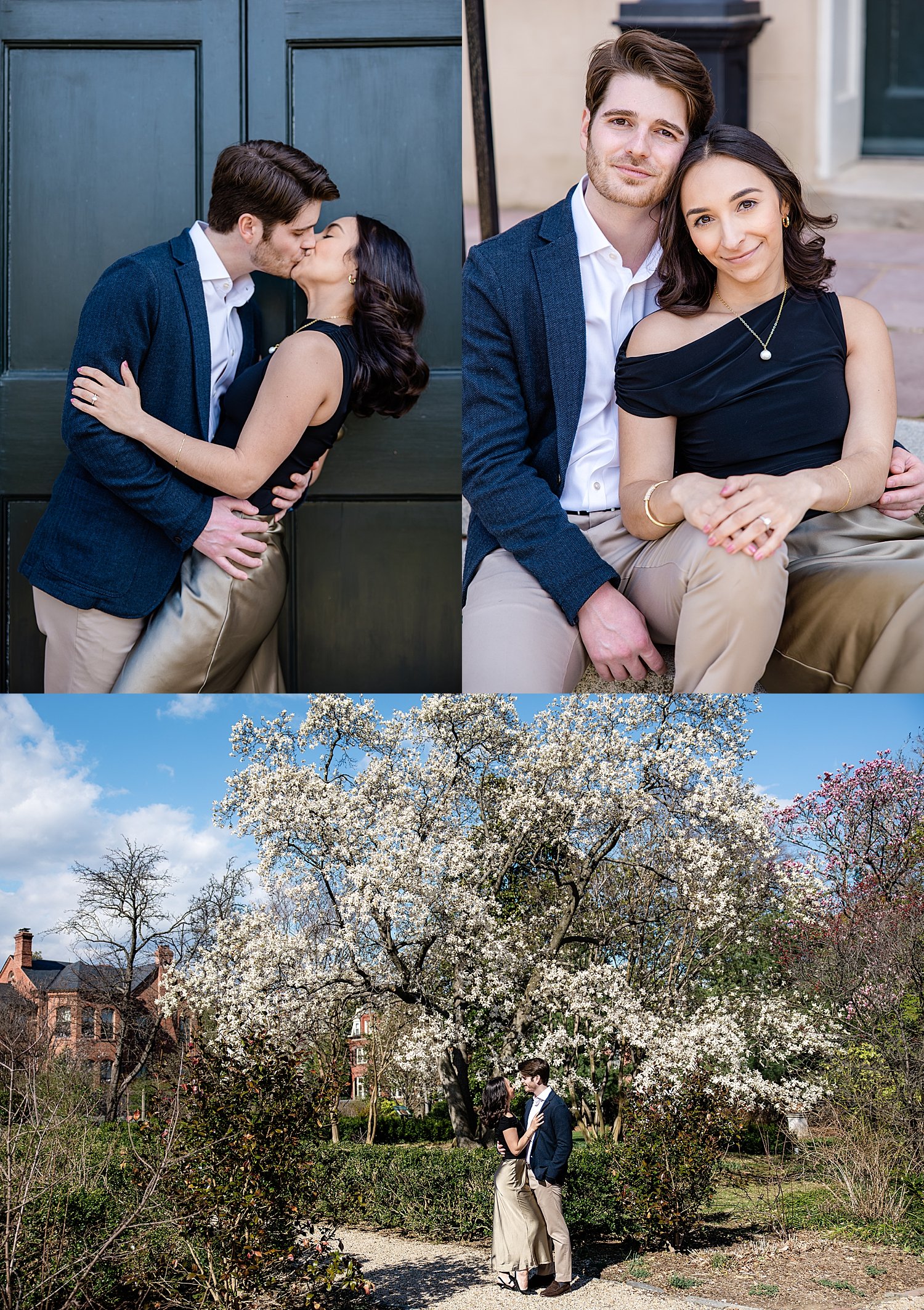 brunette couple sits on Tudor House steps by Jen Harvey Photography