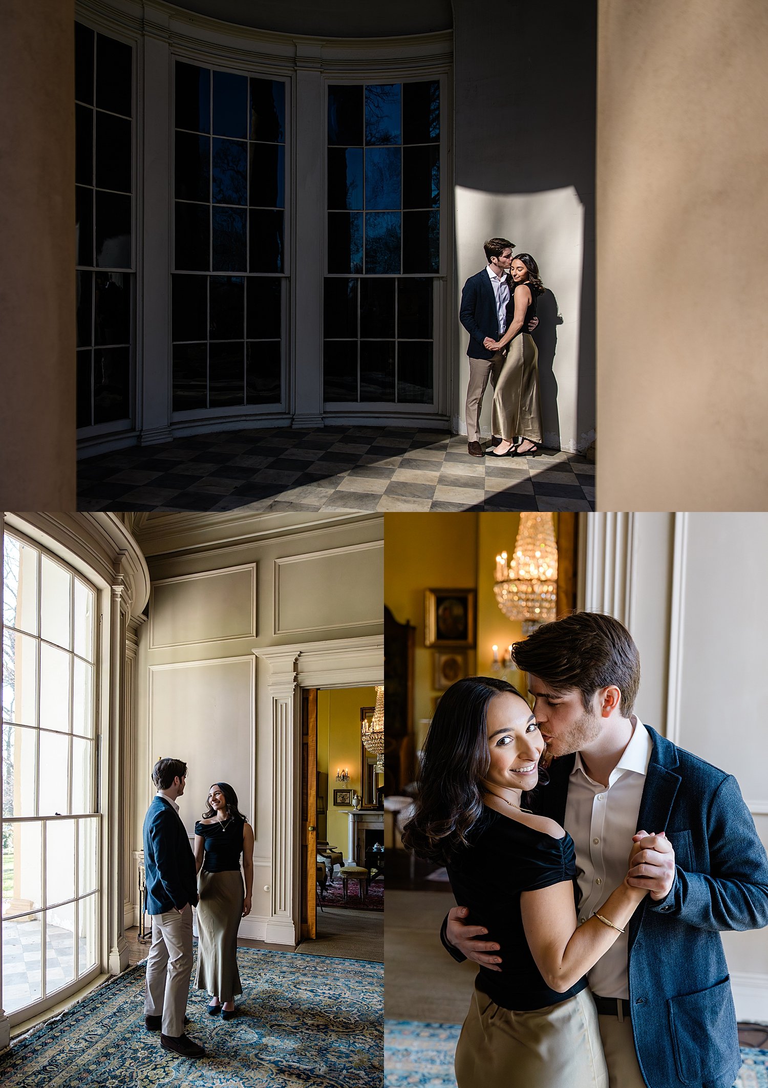 newly engaged couple dances in old house for proposal photos