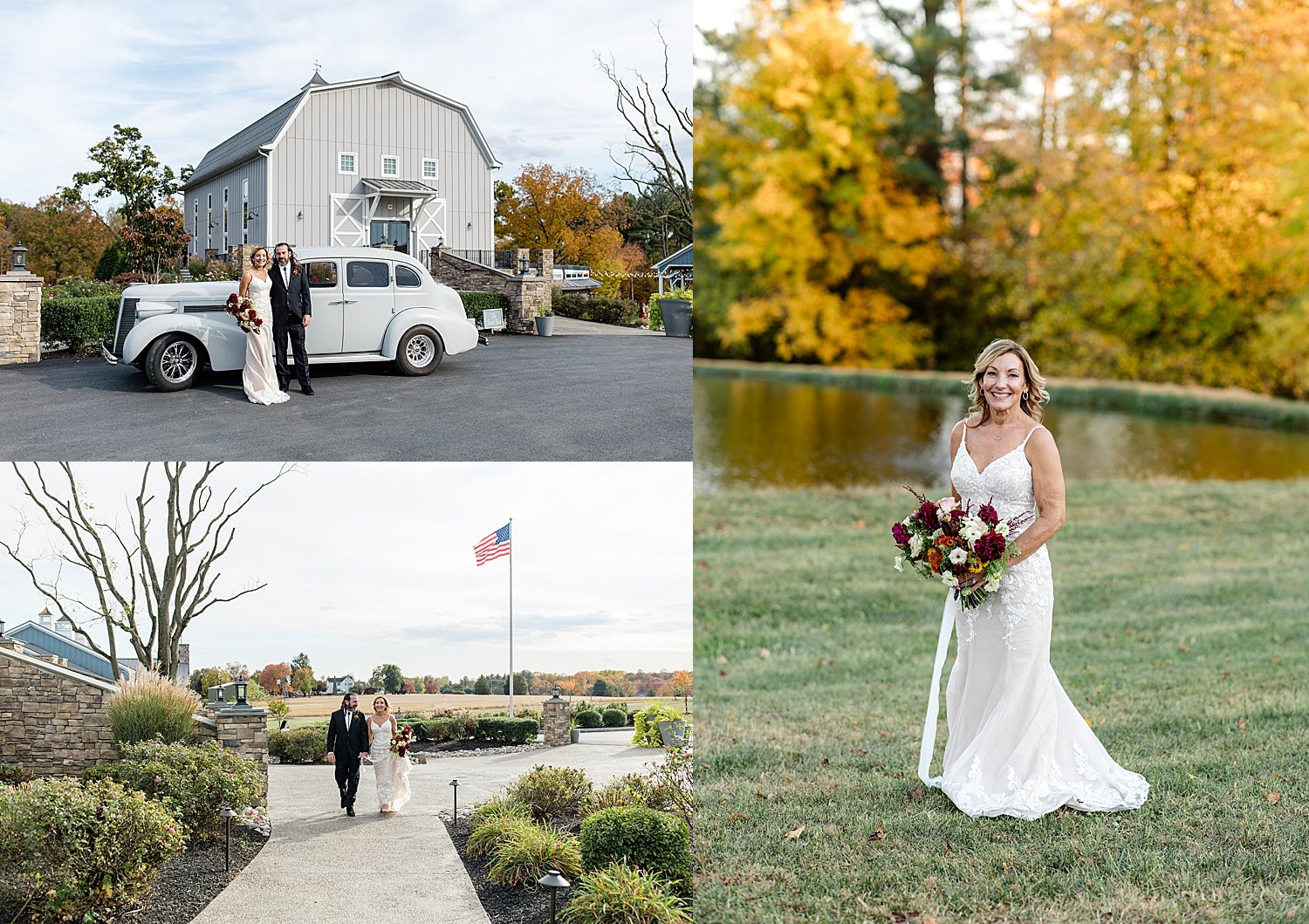 bride stands by the water surrounded by Fall colors by Jen Harvey Photography