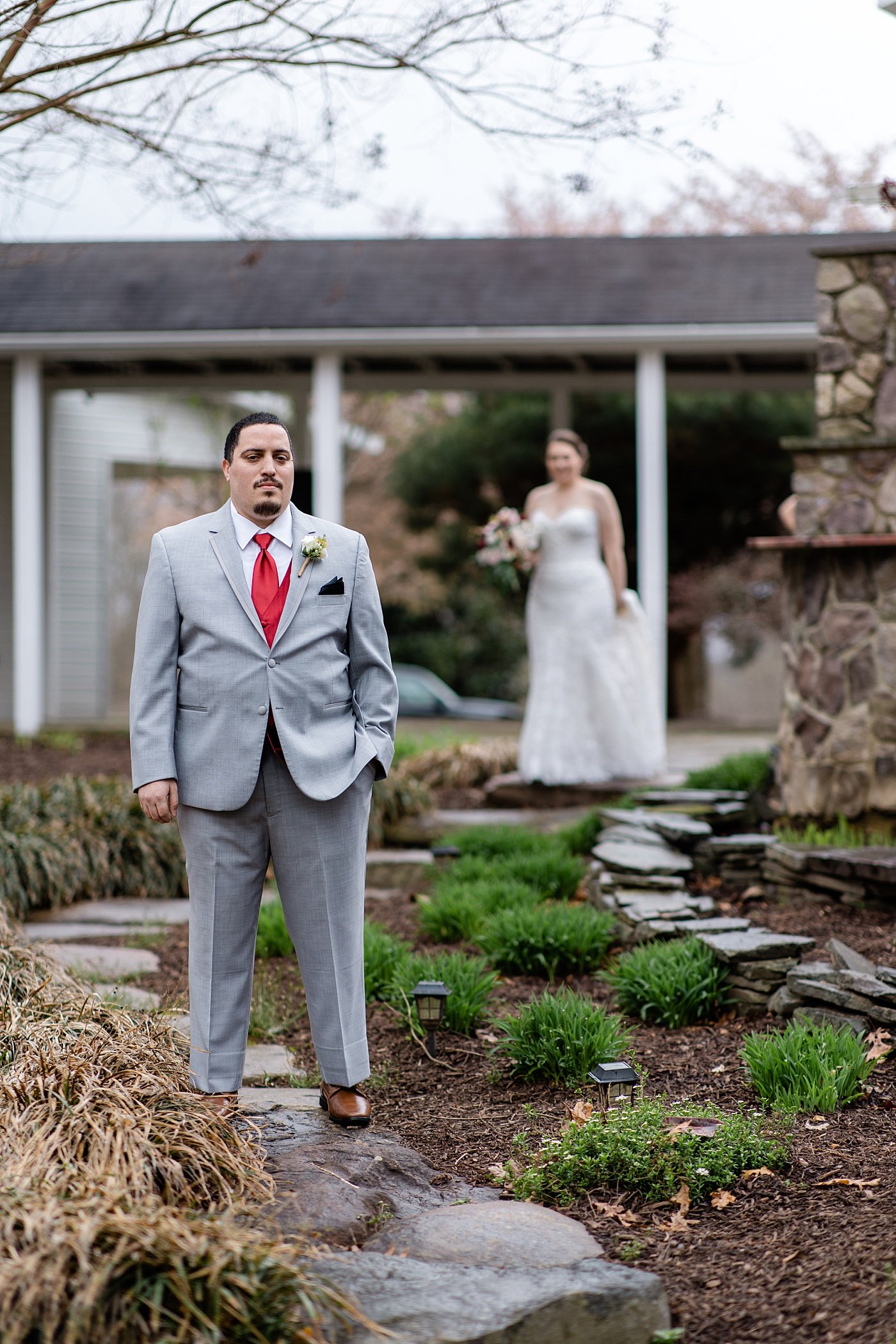 Bride and groom first look at winery wedding