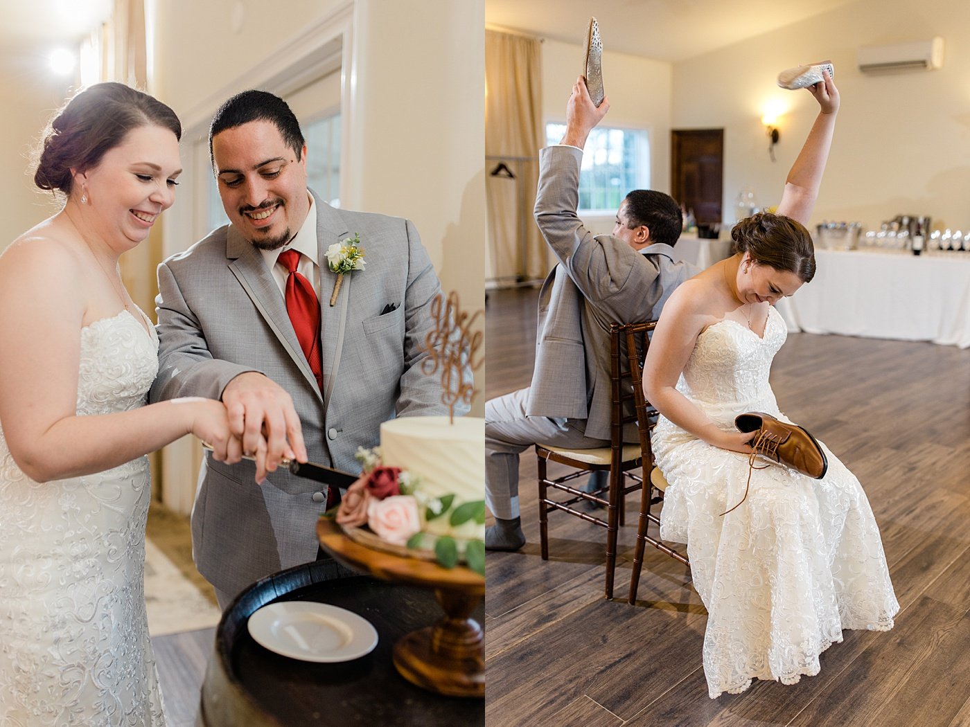 Virginia winery wedding reception cutting the cake
