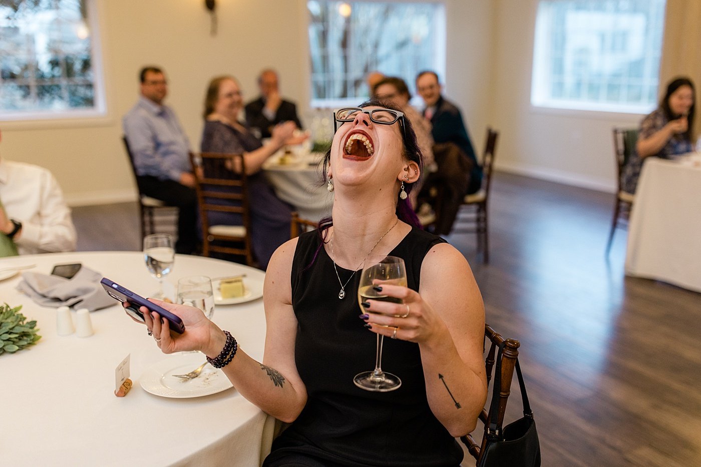Virginia winery wedding reception guest laughing