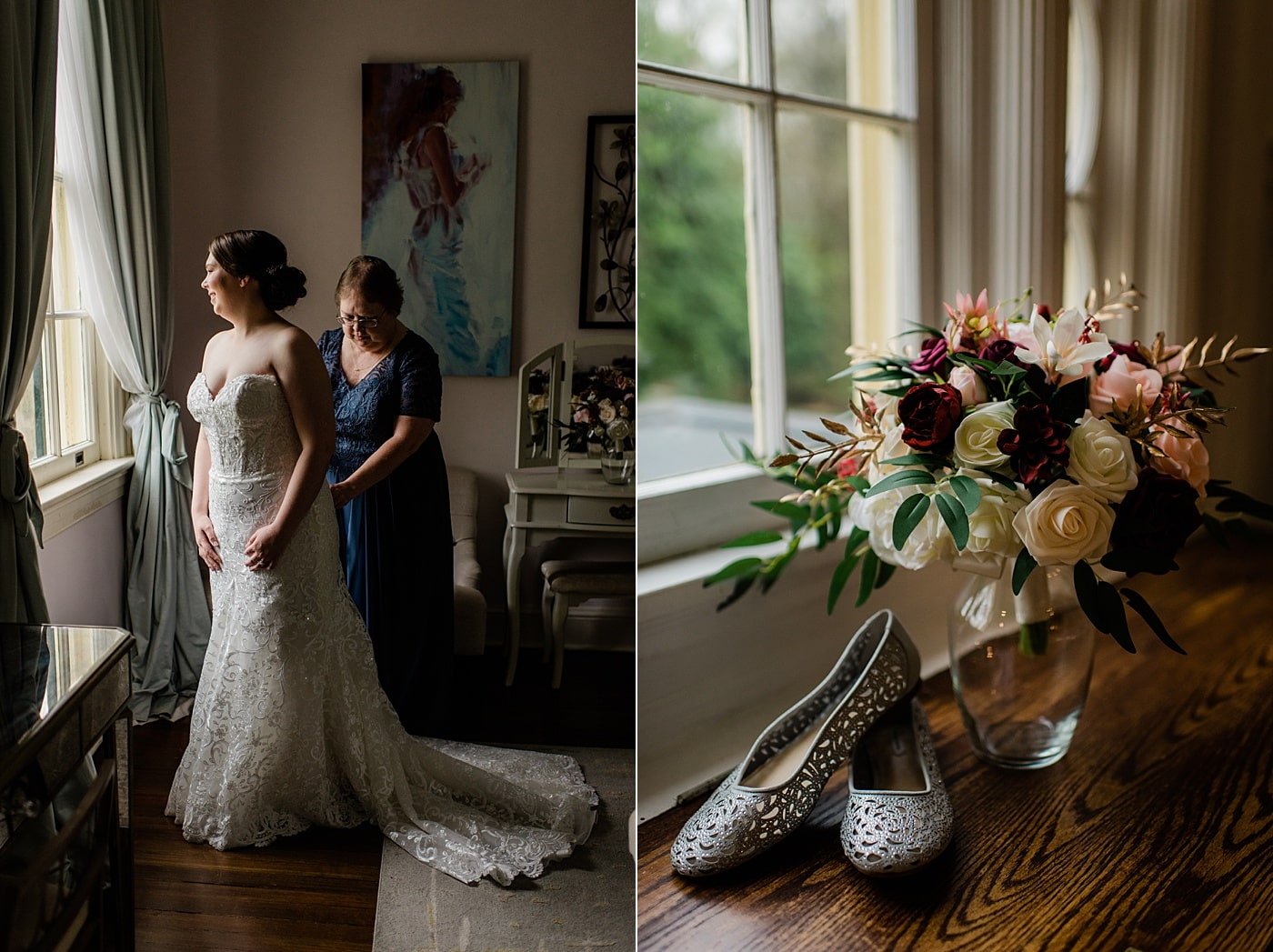 Bride getting ready on wedding day at Rust Manor House