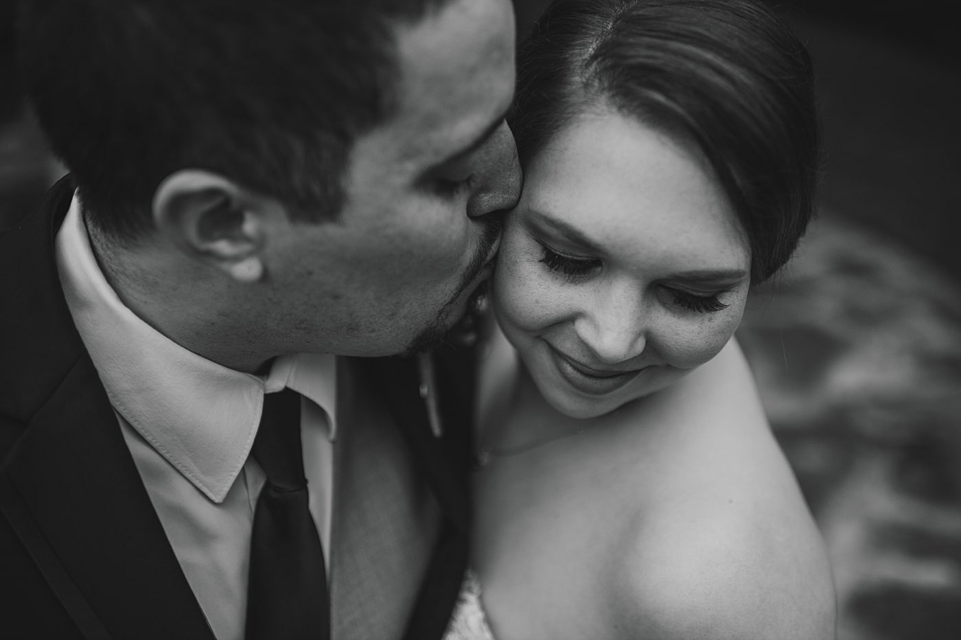 Romantic black and white bride and groom portrait